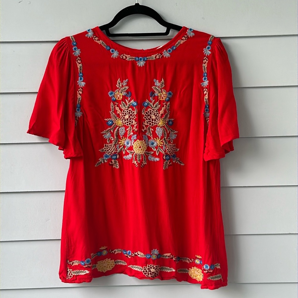 Bright Red Entro Floral Embroidered Boho Flutter Sleeve Top